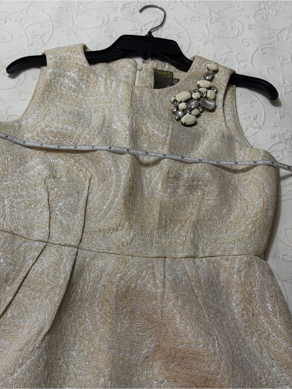 Taylor Ivory Brocade Mini Dress with Shoulder Jewel Accent - Picture 6 of 9